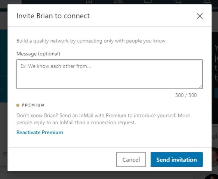 Invitation button to connect to Linkedin