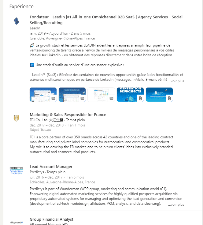 Expériences LinkedIn profil