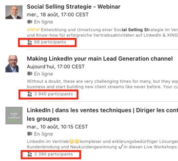 Nombre de participants évènements LinkedIn