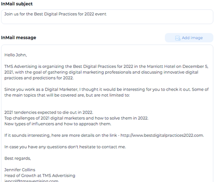 LinkedIn InMail Template: Invite a prospect to an event