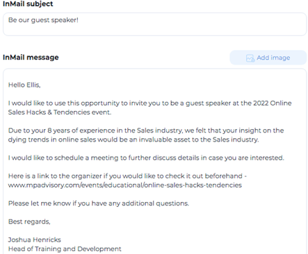 Template InMail LinkedIn: Invite a speaker to their event