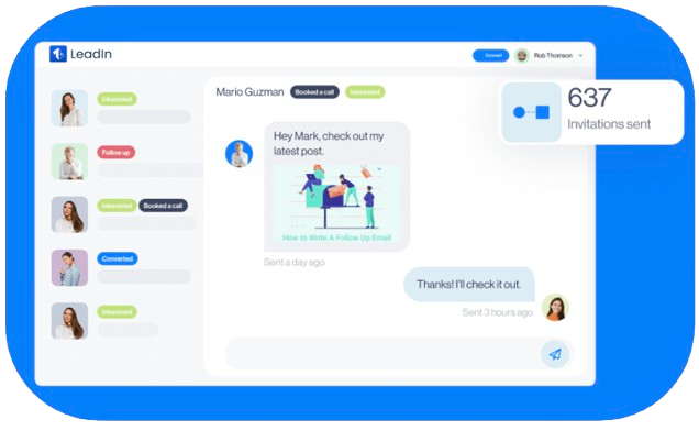 Boîte de réception LeadIn avec une conversation : campagnes de contenu, promotion d’événements, croissance automatique du réseau et gestion centralisée des messages.